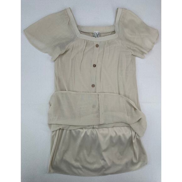 naif Cream Lined Gauze Dress with Button Down Front Short Sleeve L - Picture 4 of 7
